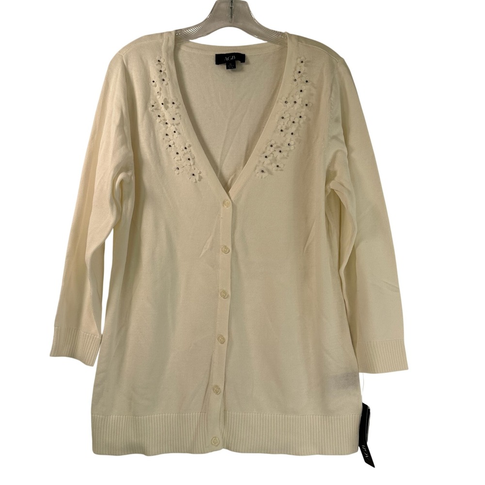 AGB Ivory Cotton Floral Appliqué V-Neck Button Front Cardigan XL  NEW